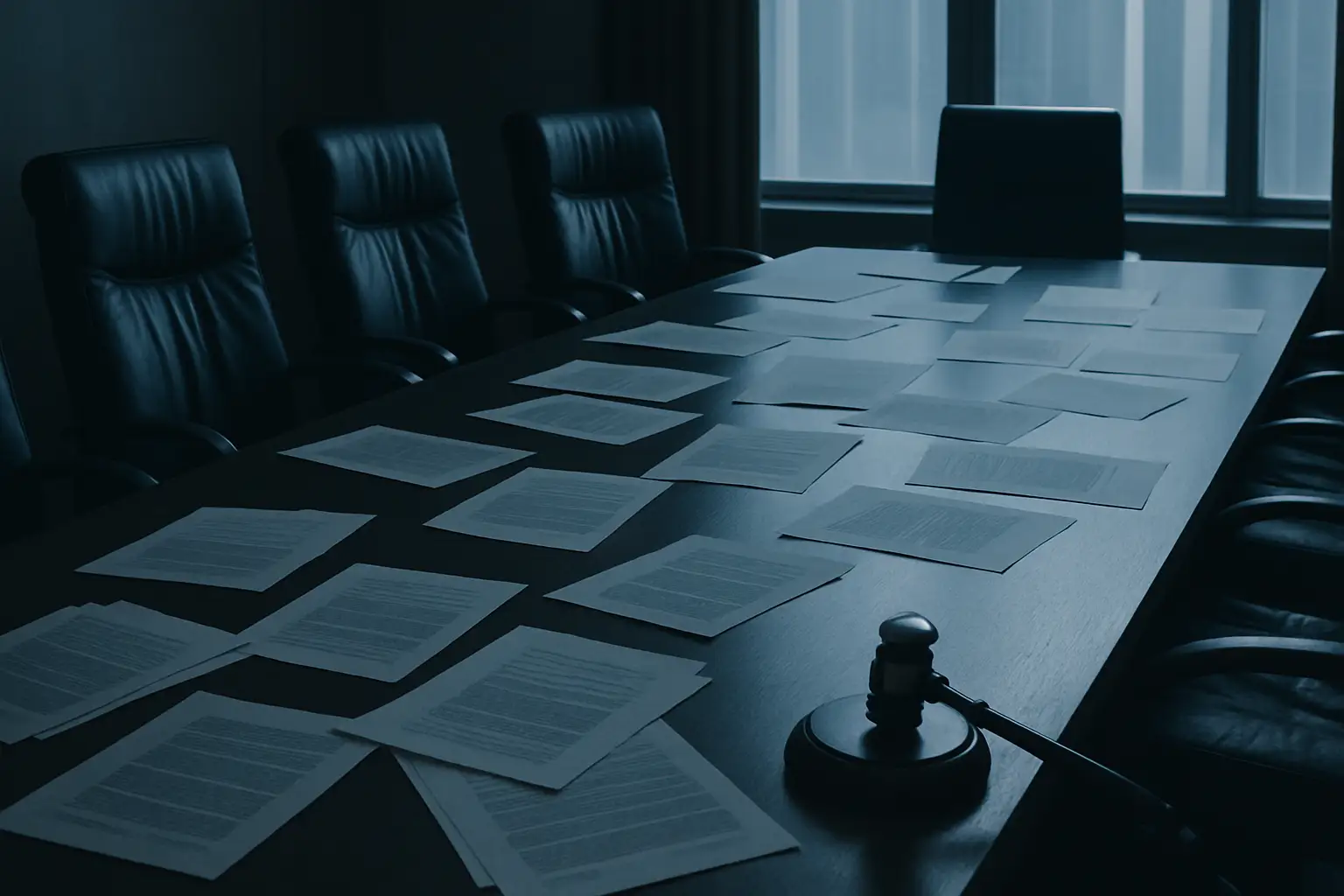 Empty boardroom with scattered documents and a gavel on the table, dramatic lighting suggesting tension and conflict