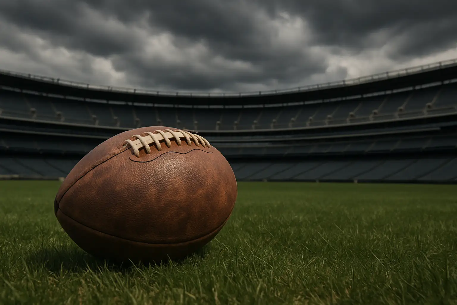 Football on a grass pitch outside a large modern stadium under overcast skies
