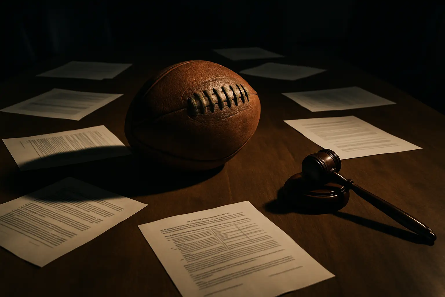 A football resting on a boardroom table surrounded by scattered documents and a gavel, suggesting a high-stakes governance dispute
