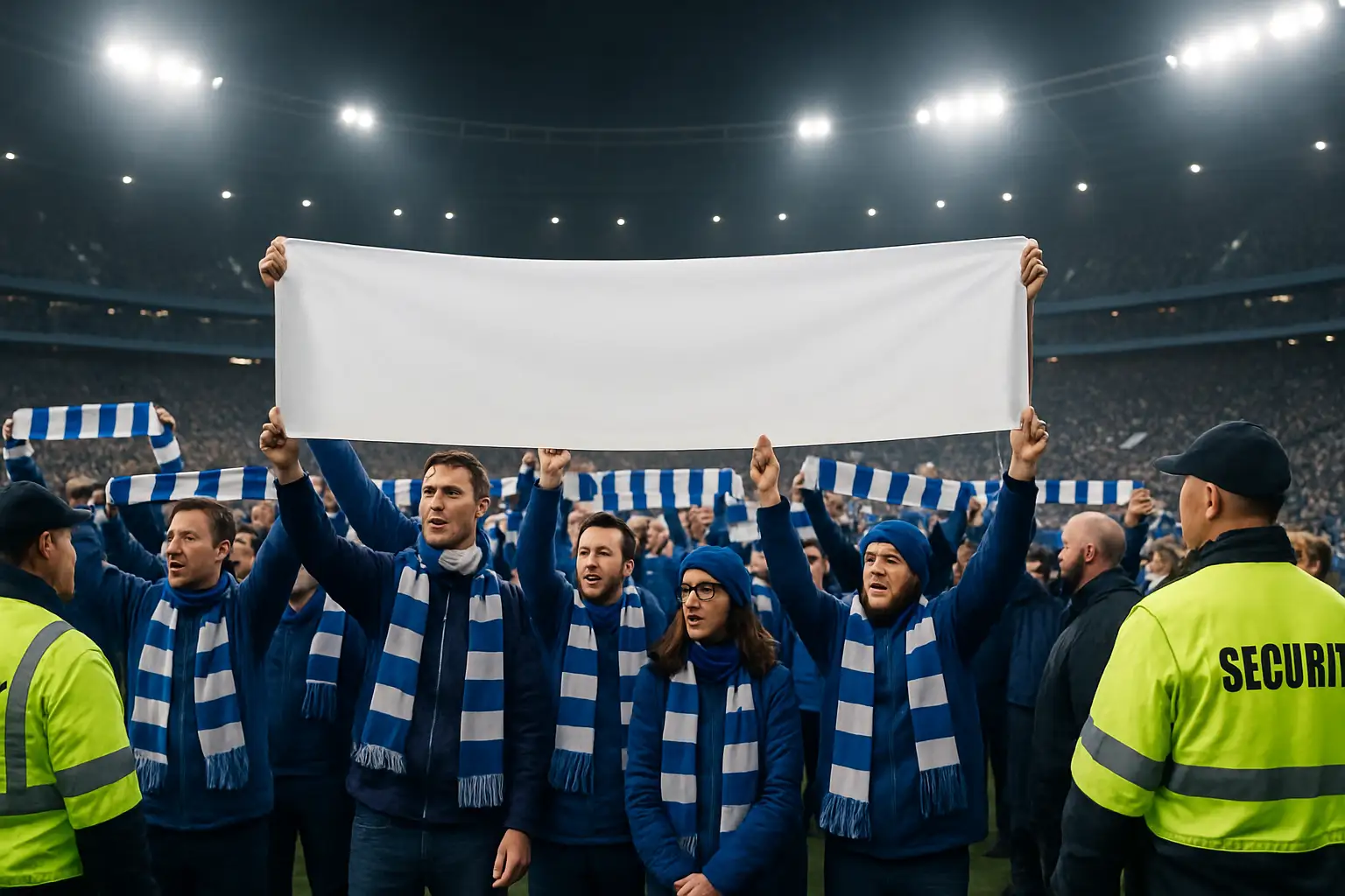 Argentina football fans in a stadium holding a large banner with political symbols