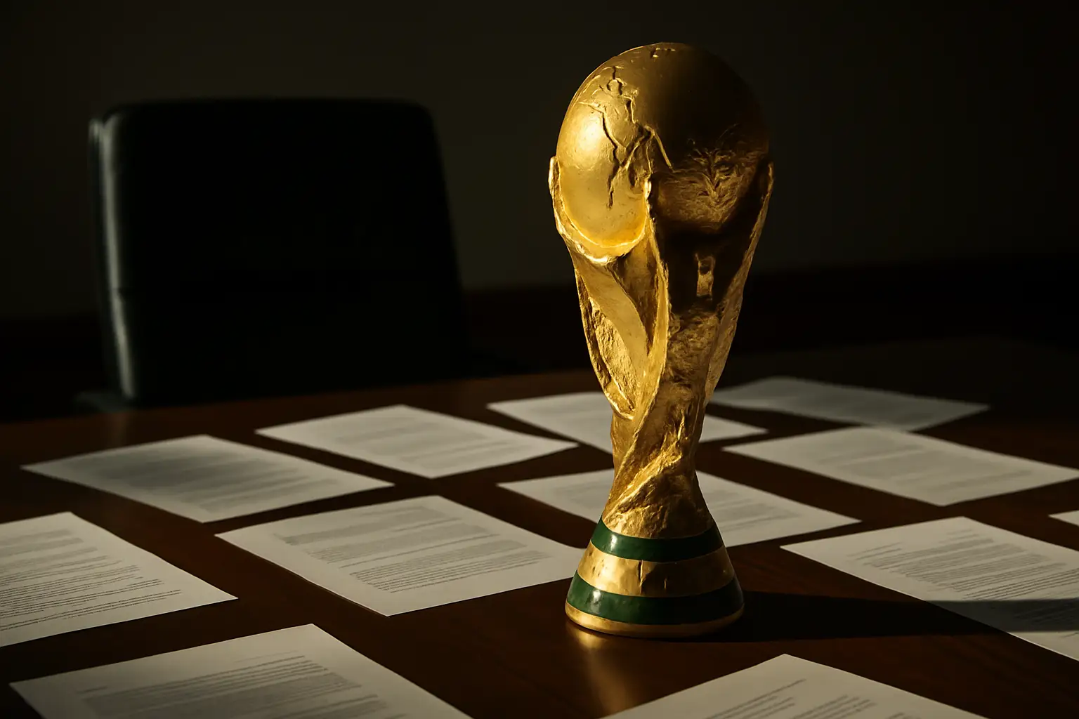 A pair of hands holding a golden football trophy in front of a blurred stadium crowd