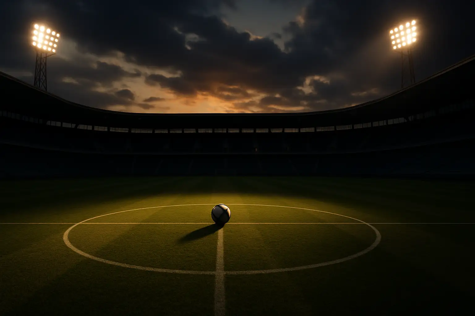 A football stadium with empty seats and a lone ball on the pitch, symbolizing football governance tension