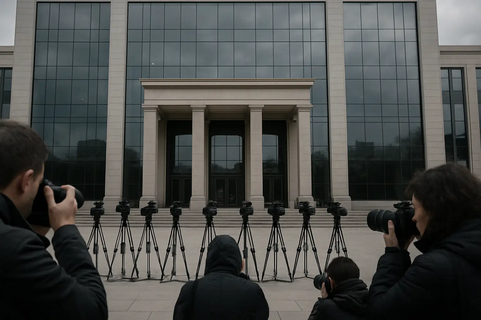 FIFA headquarters building with a row of international press cameras in the foreground