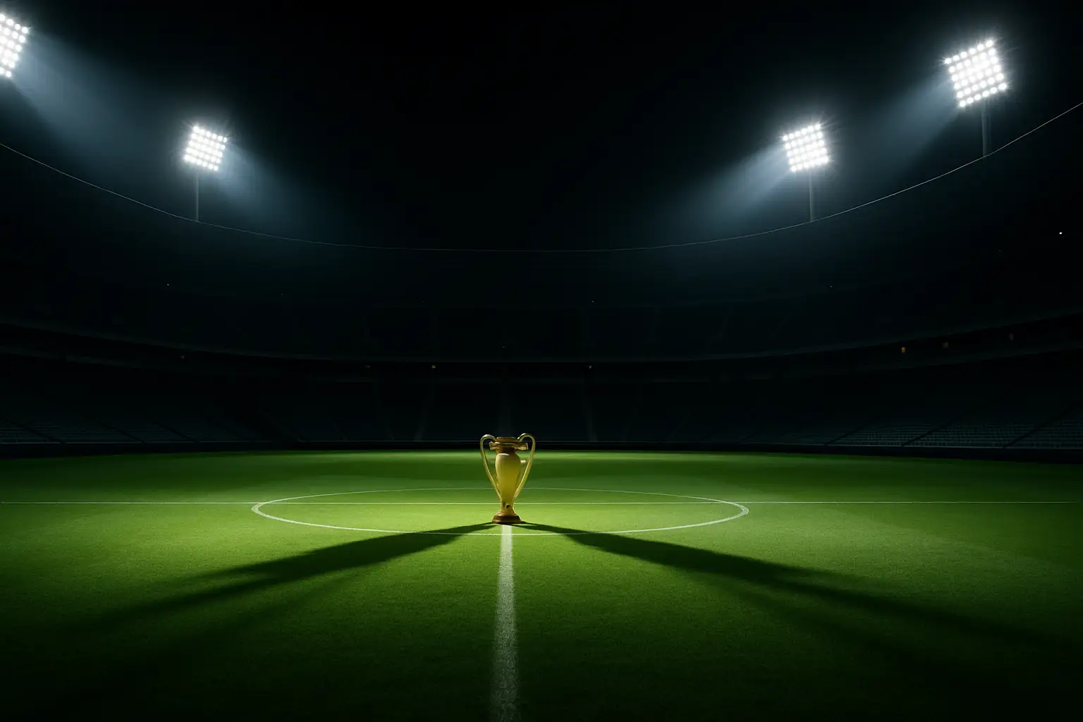 A football stadium illuminated at night with a large trophy silhouette on the pitch