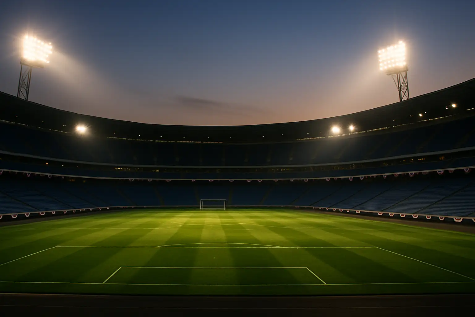 A football stadium with official FIFA branding and empty seats under dramatic lighting