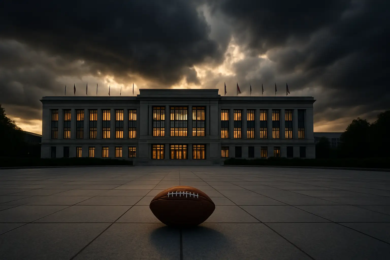 FIFA headquarters building with a football on the ground in front, dramatic lighting suggesting institutional tension
