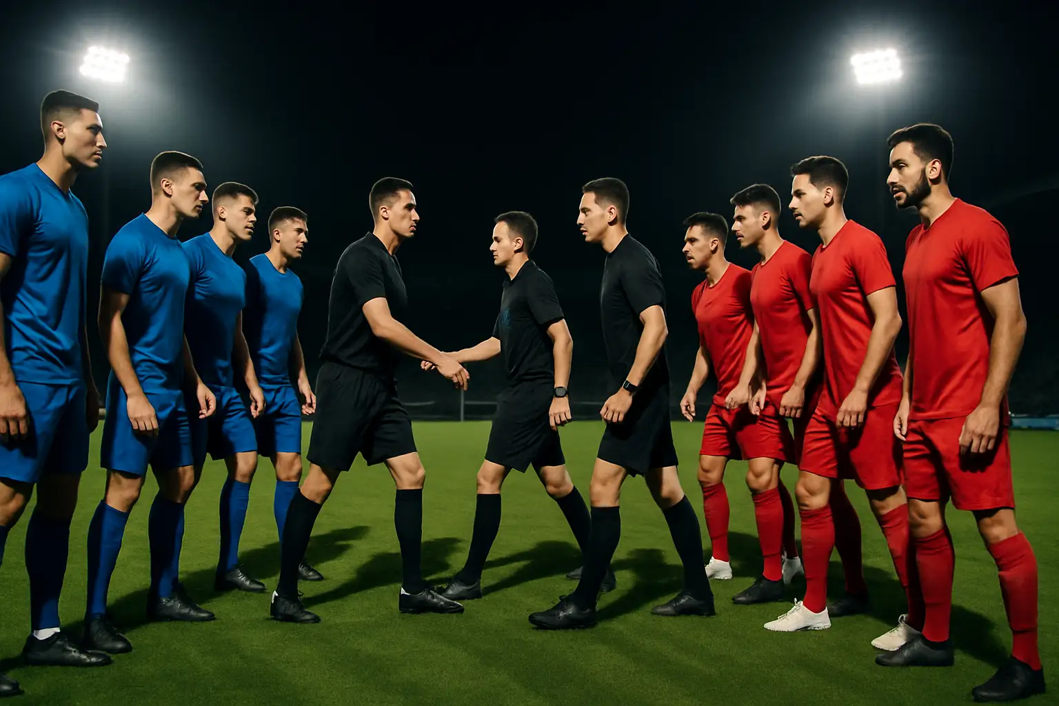 Football players in a tense confrontation on a brightly lit stadium pitch during an international match