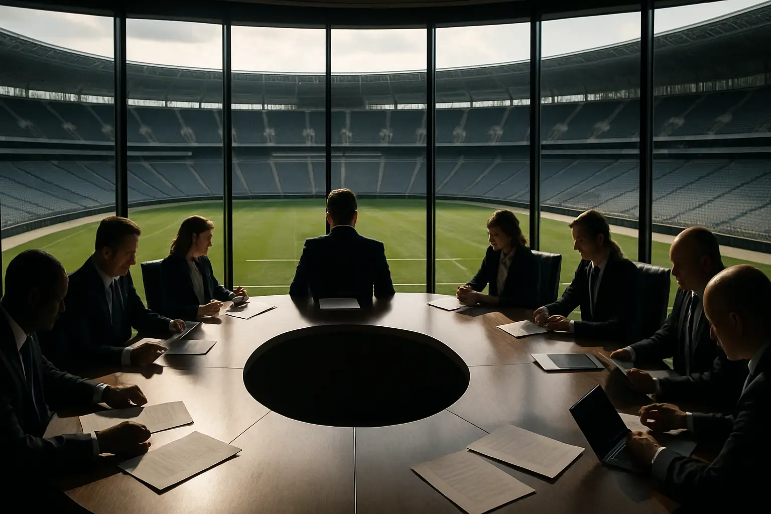Football executives gathered around a large boardroom table with a stadium visible through a floor-to-ceiling window