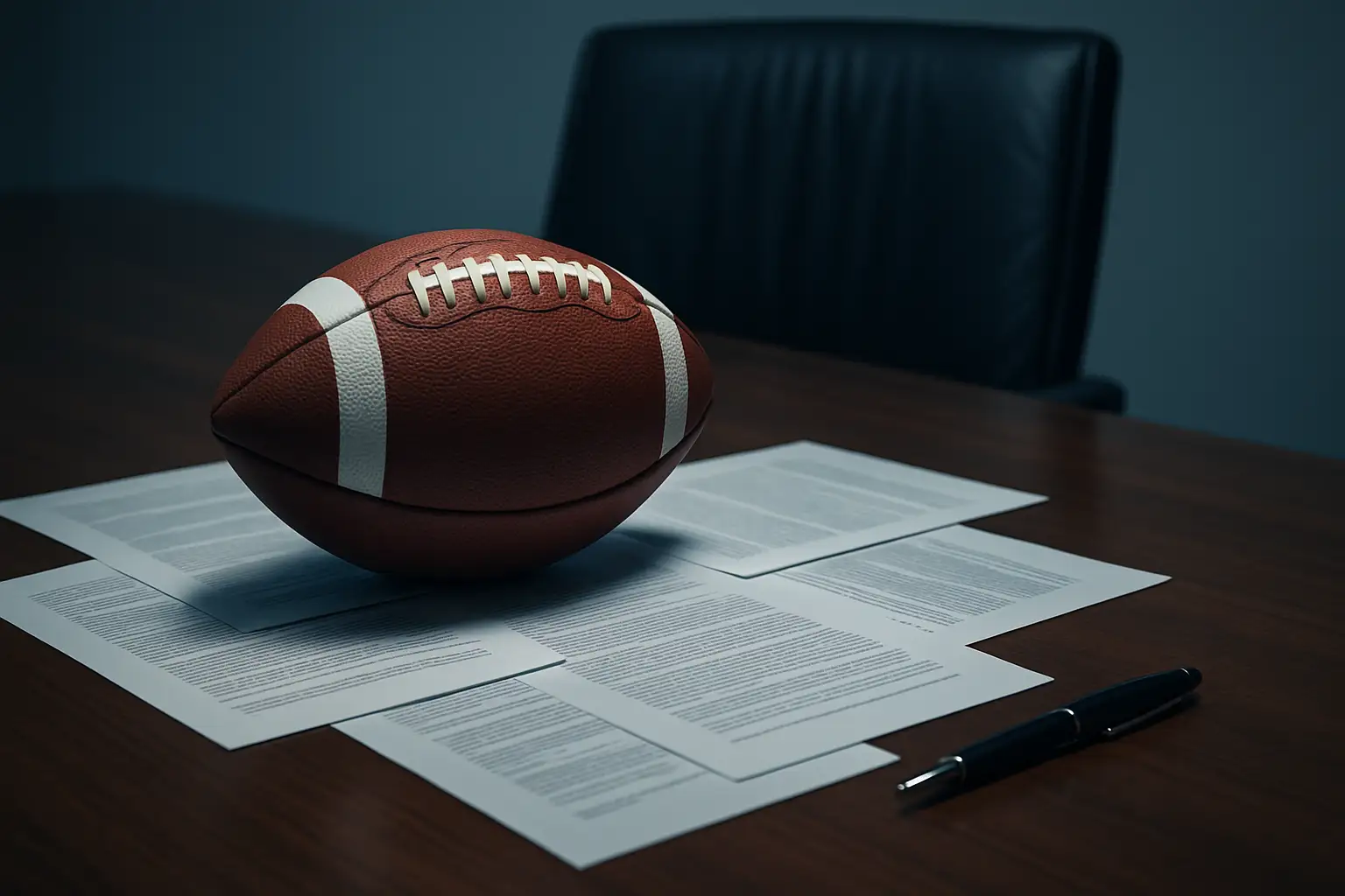 A football on a negotiating table surrounded by official documents and a gavel