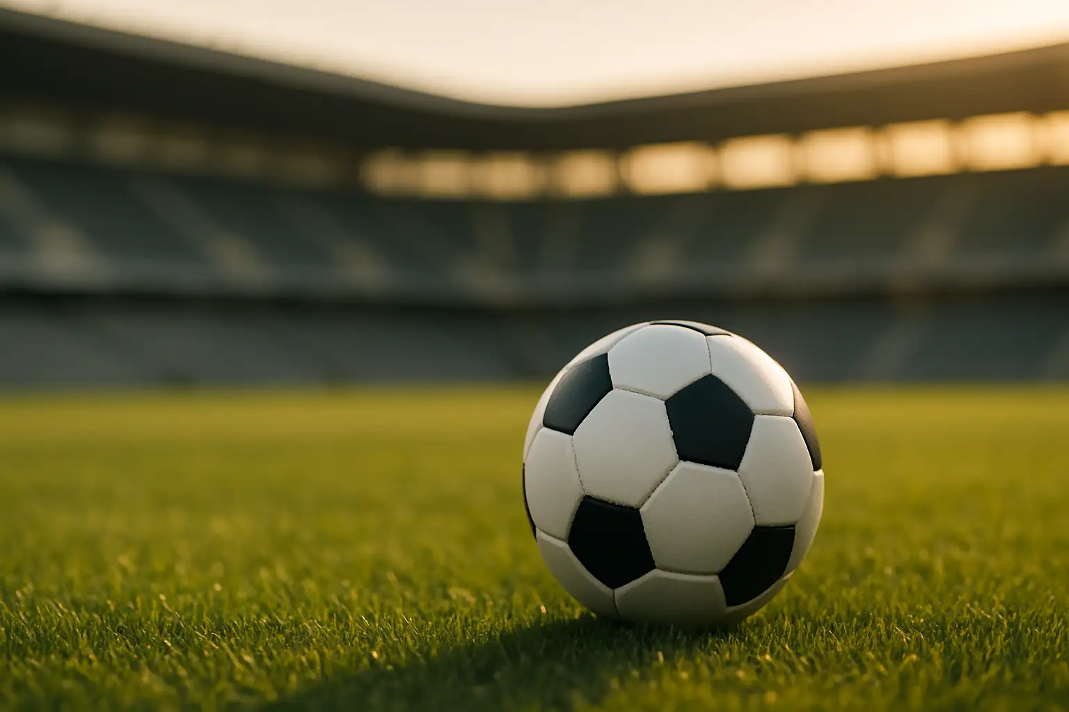 A football resting on a grass pitch in front of a blurred stadium background