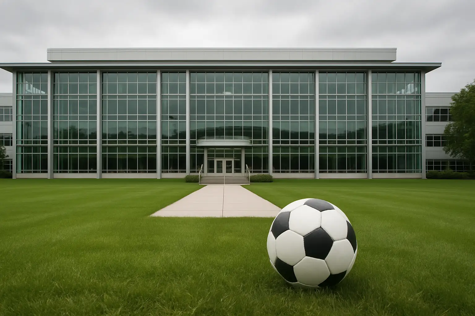 FIFA headquarters building exterior with football in foreground