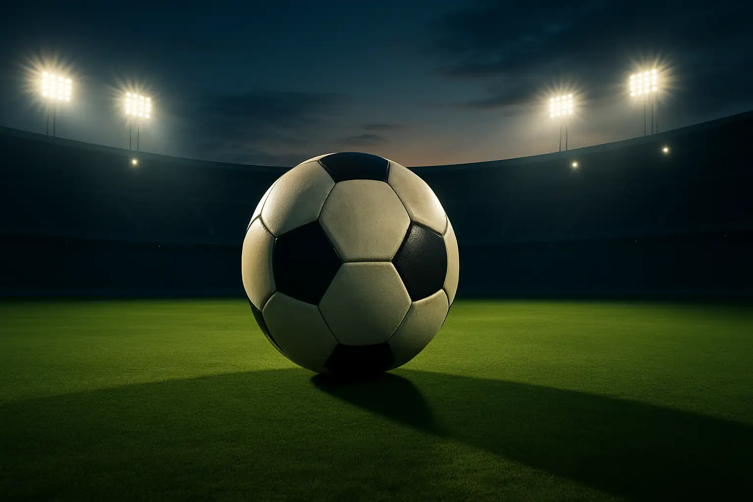A soccer ball on a green pitch with stadium lights in the background, symbolizing FIFA governance decisions