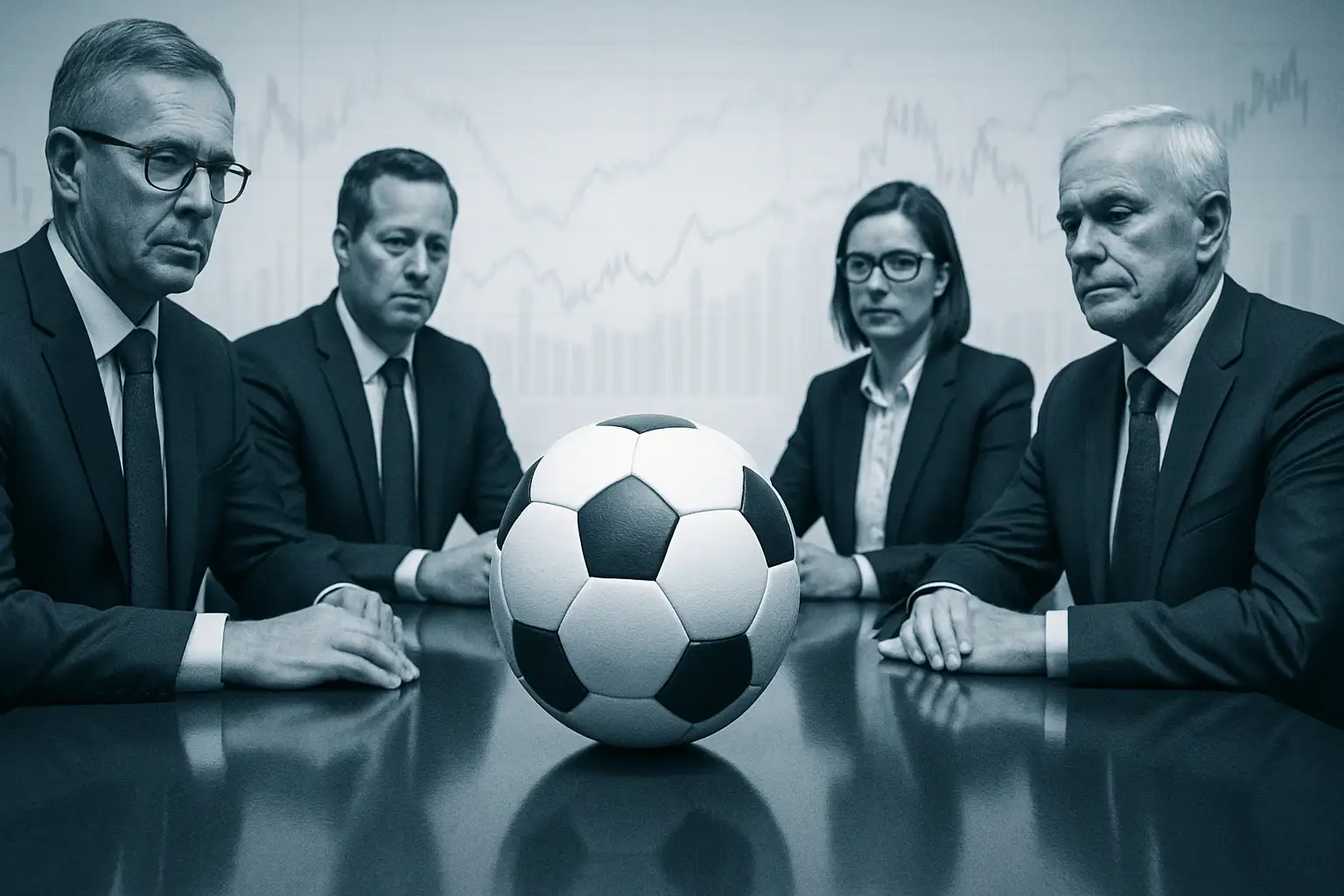 Football officials seated at a conference table with a large globe and football in the foreground