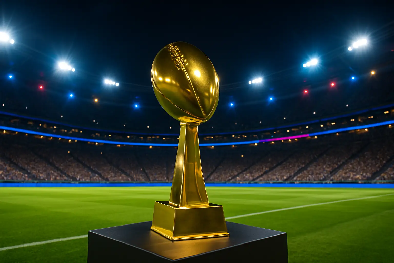 FIFA World Cup trophy surrounded by stadium lights and a crowd of football fans