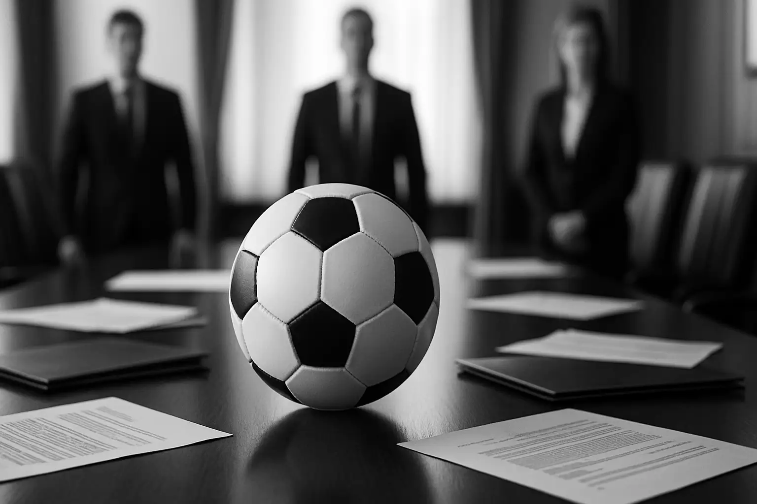 A football on a boardroom table surrounded by documents and officials in discussion