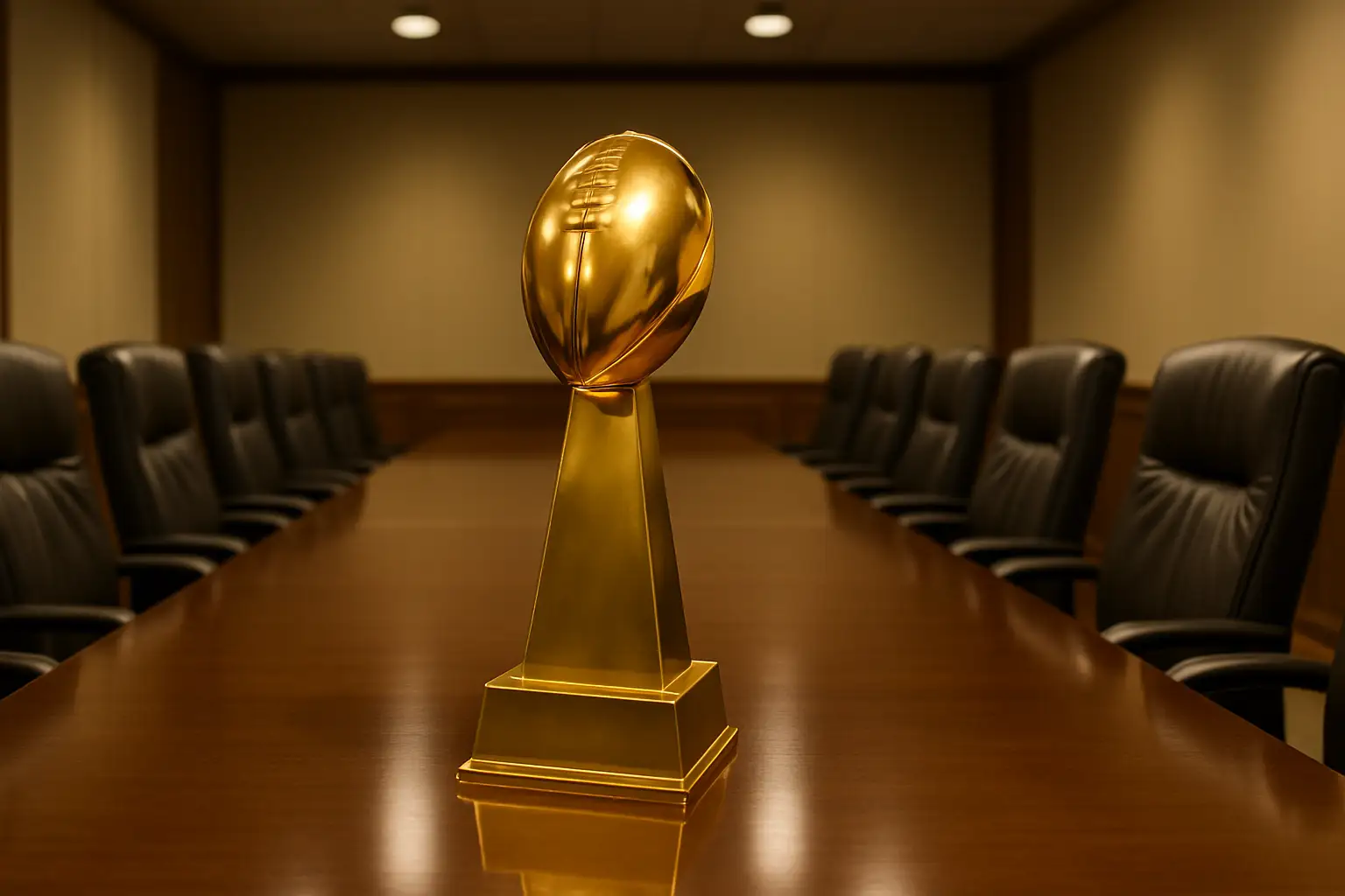 FIFA World Cup trophy on a table inside a formal meeting room with empty chairs