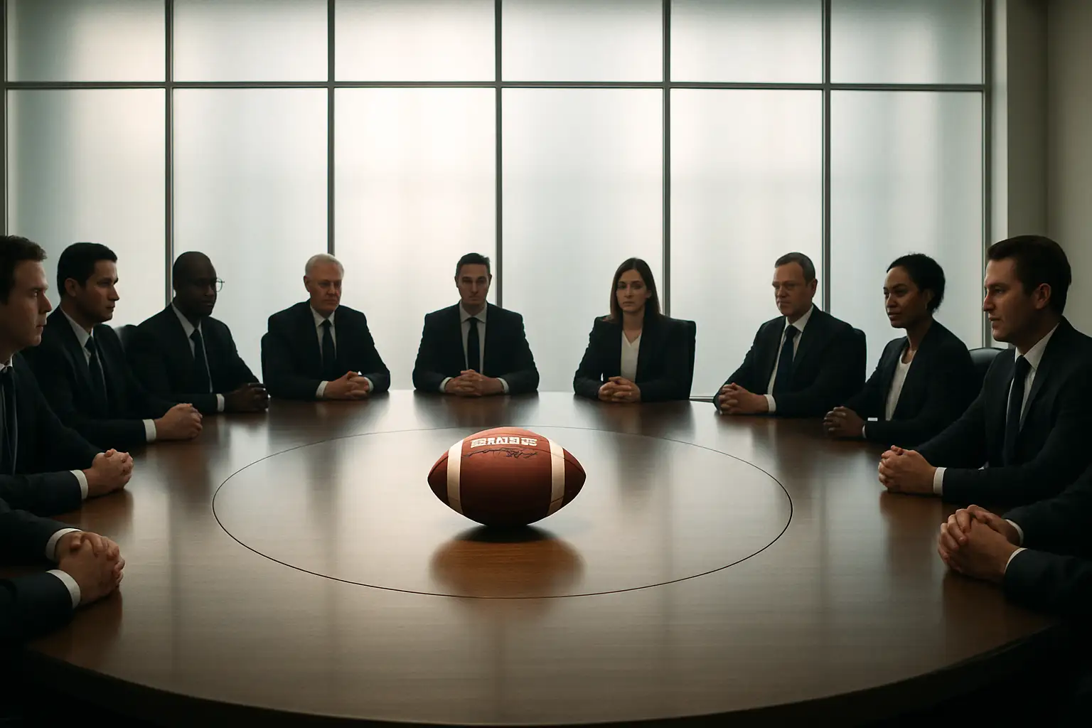 Football officials seated at a boardroom table with a large globe and football in the foreground