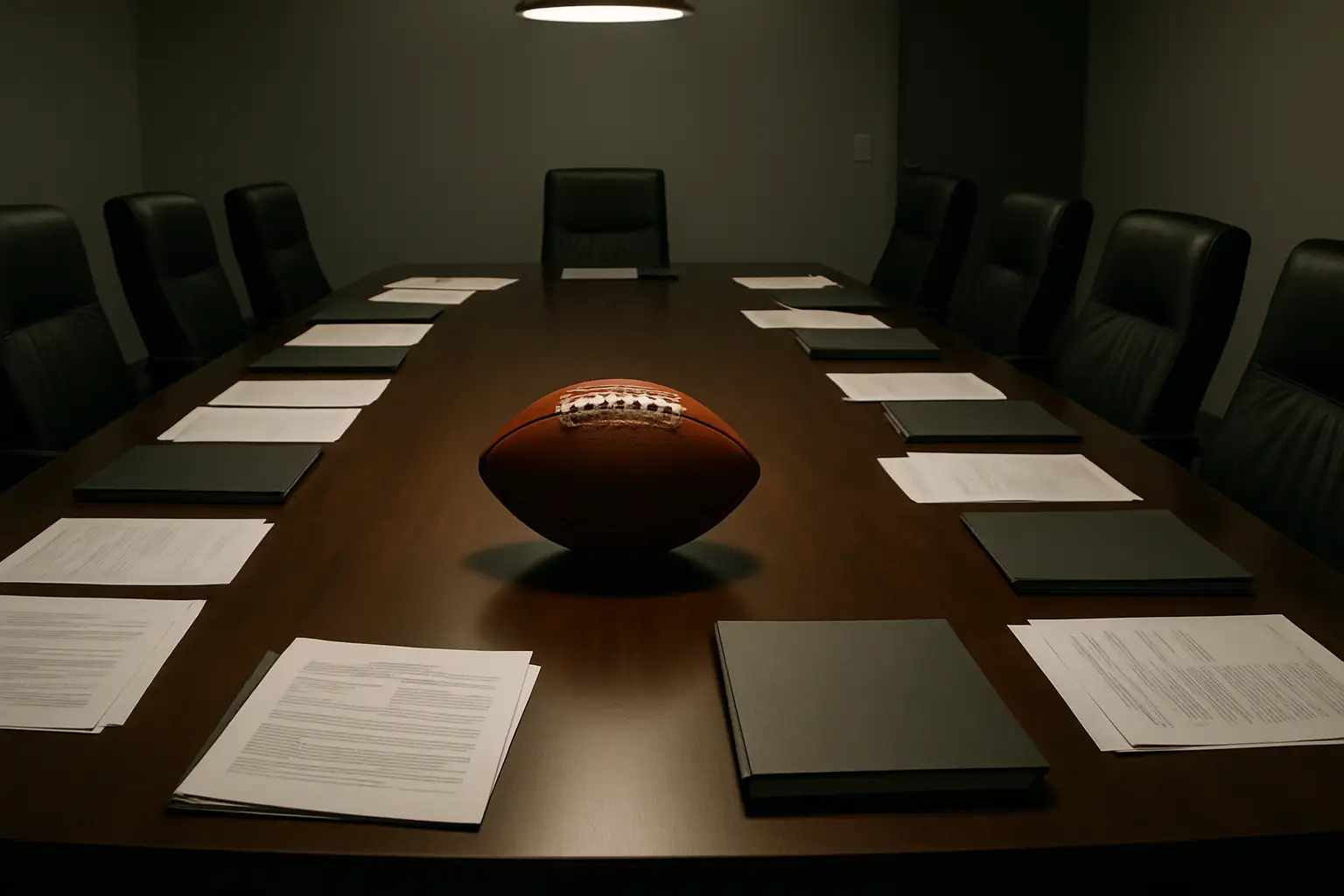 FIFA executive boardroom with football and financial documents on the table