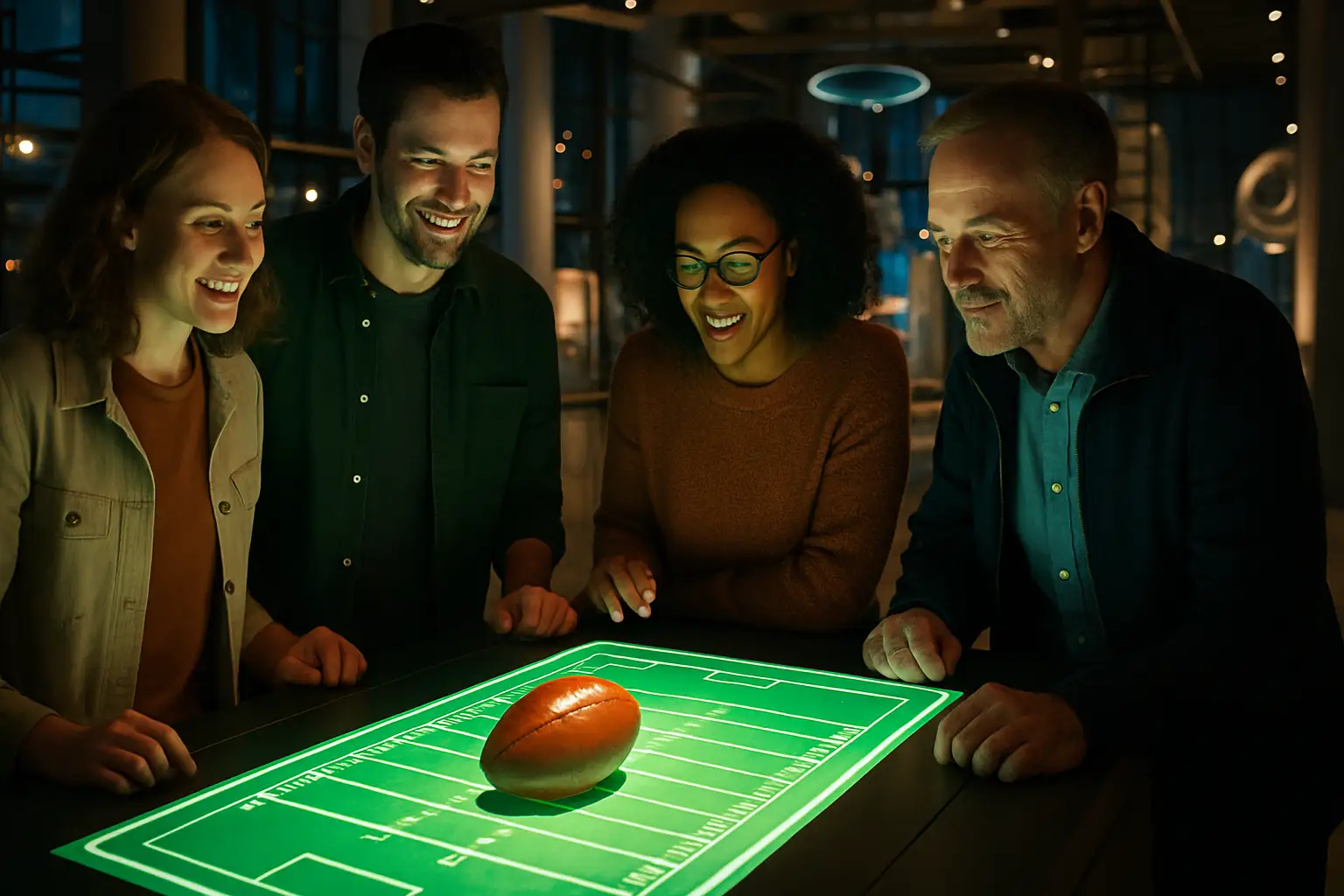 Adults exploring an interactive football science exhibit inside a museum at night
