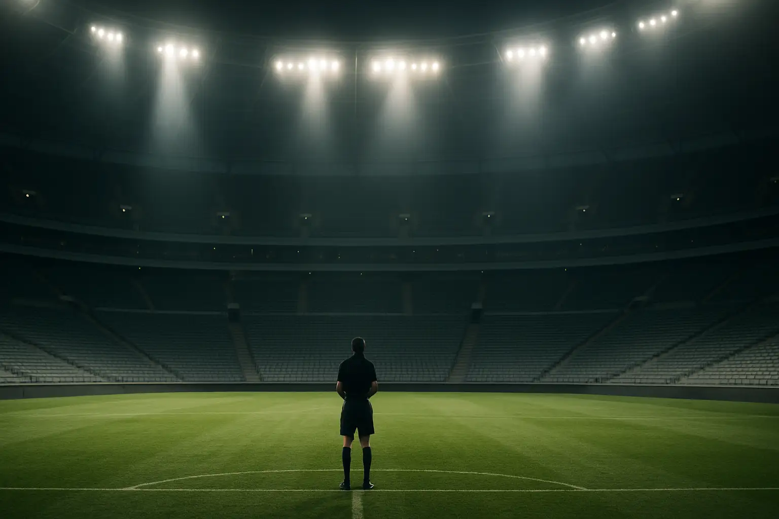 Empty football stadium with FIFA-style banners under dramatic lighting