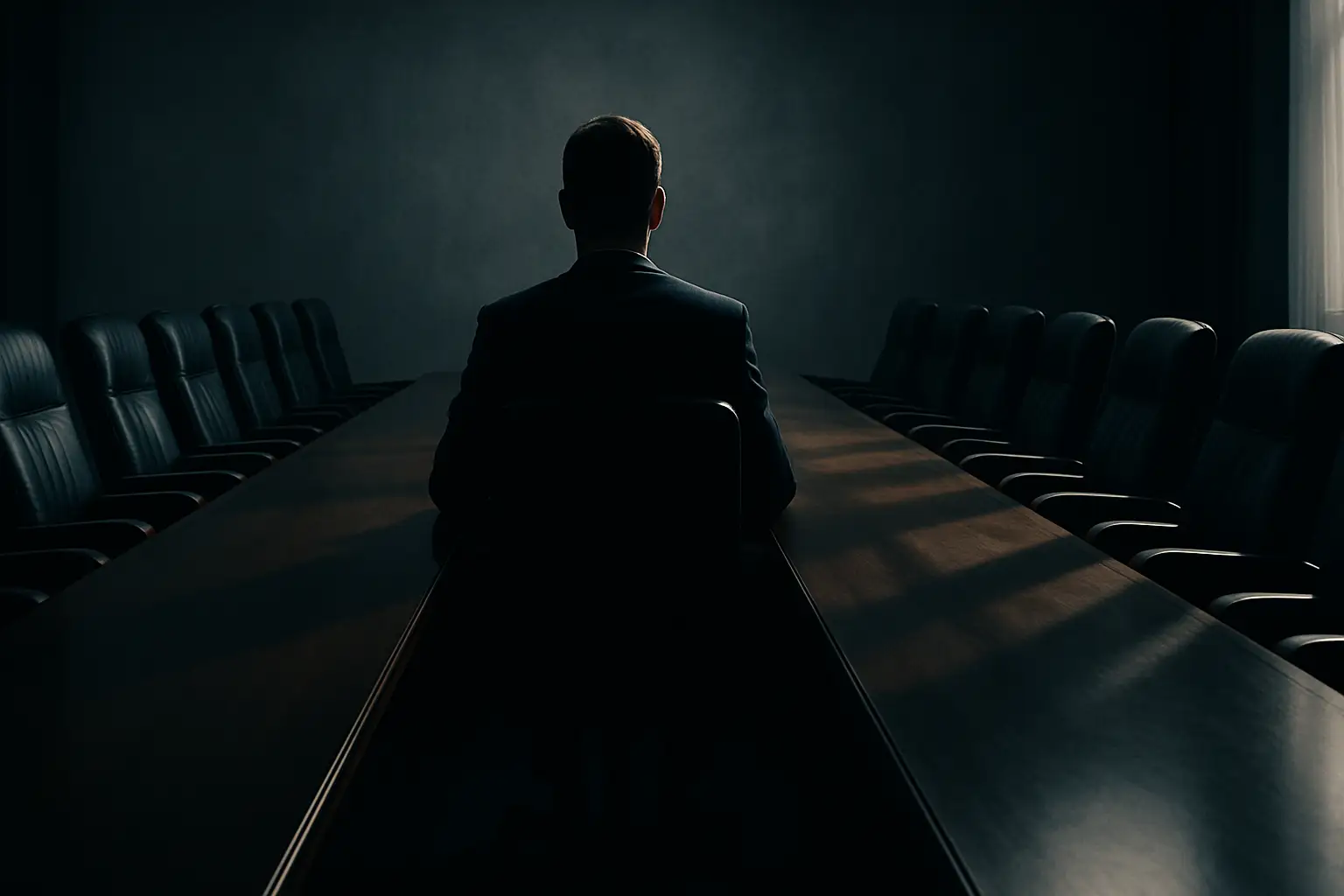 A suited figure standing alone at a large conference table as empty chairs surround him, symbolizing political isolation