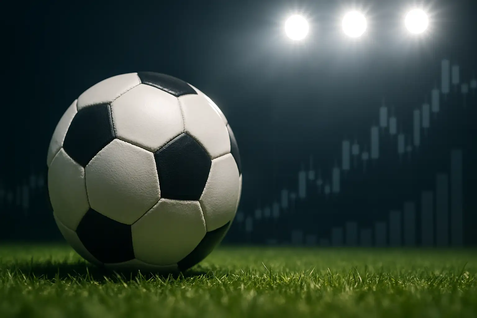 Football on a grass pitch with financial charts overlaid in the background