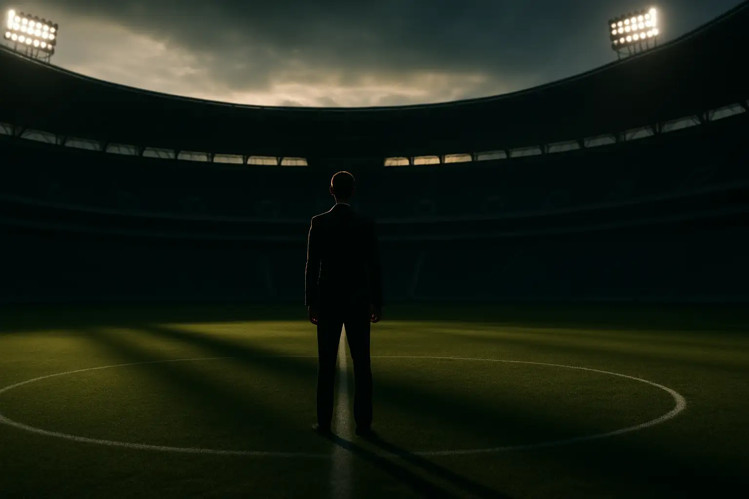 A solitary figure in a suit standing at the center of a large empty football stadium, looking out over the pitch from a position of authority