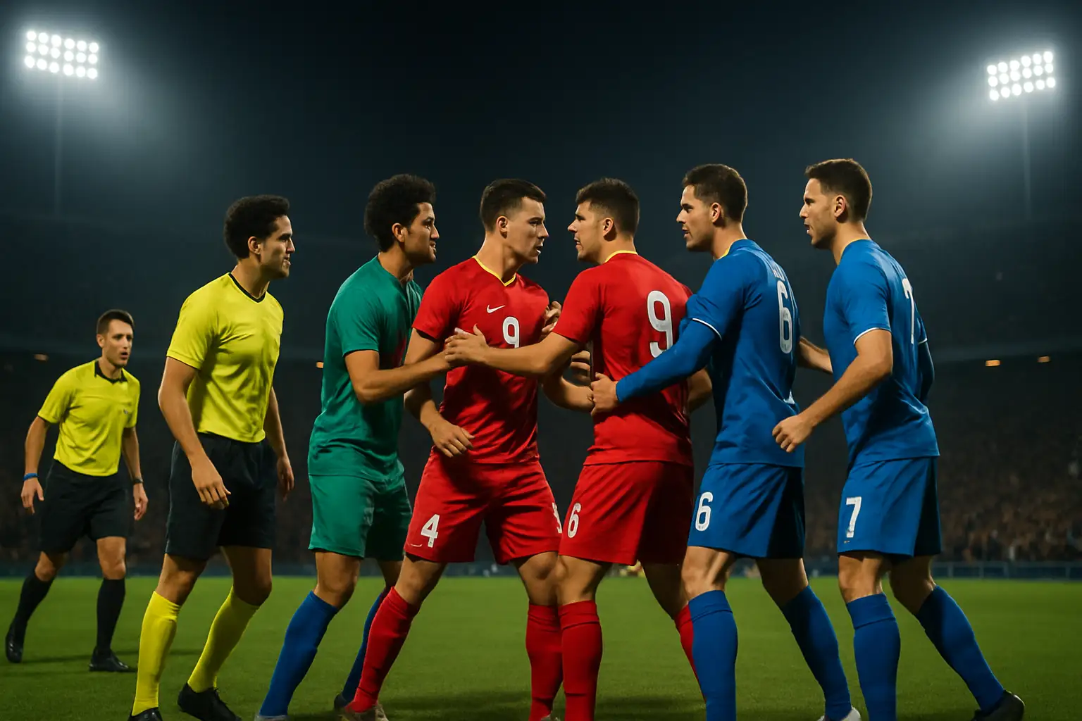Football players in a tense confrontation on a pitch after a major match