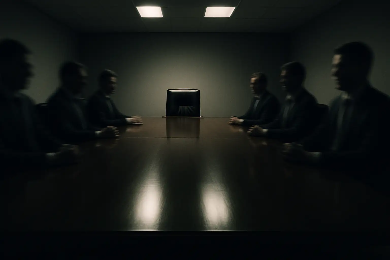 A large empty boardroom with a single vacant chair at the head of the table, symbolising an abrupt leadership departure