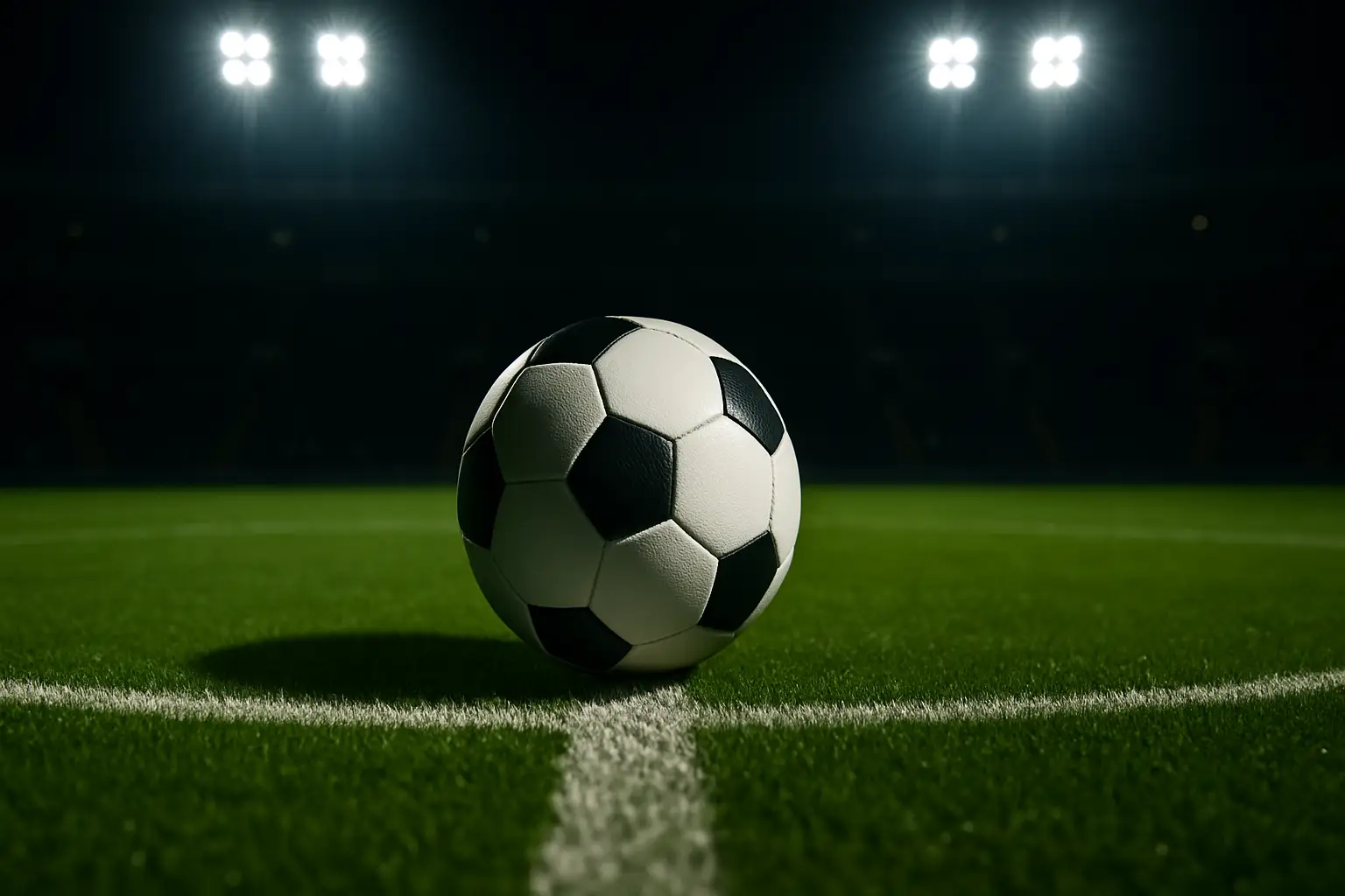 A football on a pitch with stadium floodlights illuminating the field ahead of an international match