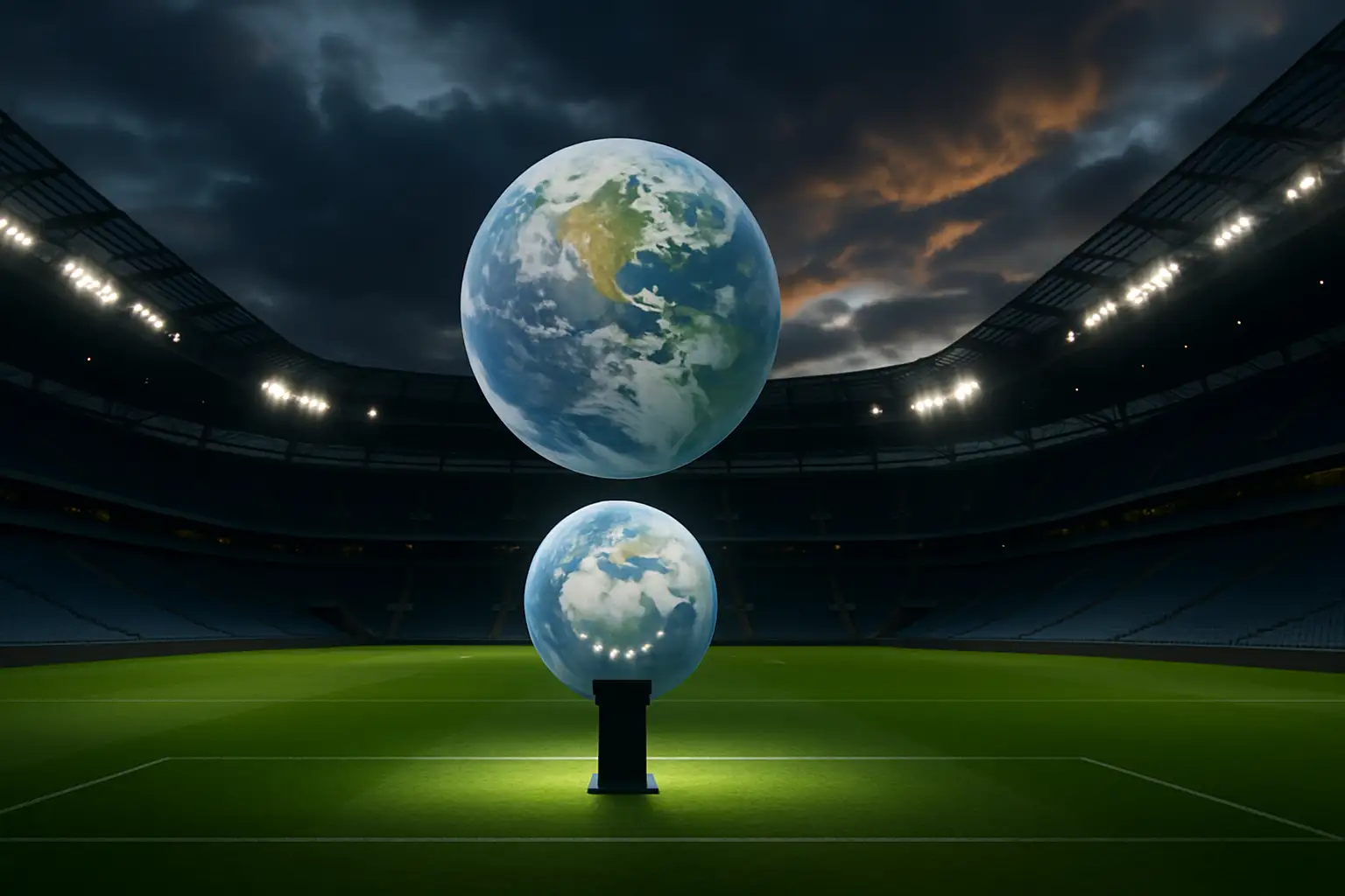 A football stadium with an empty executive podium and a large globe symbol on the pitch