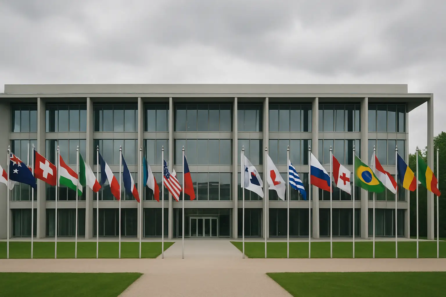FIFA headquarters building exterior with football associations flags displayed outside