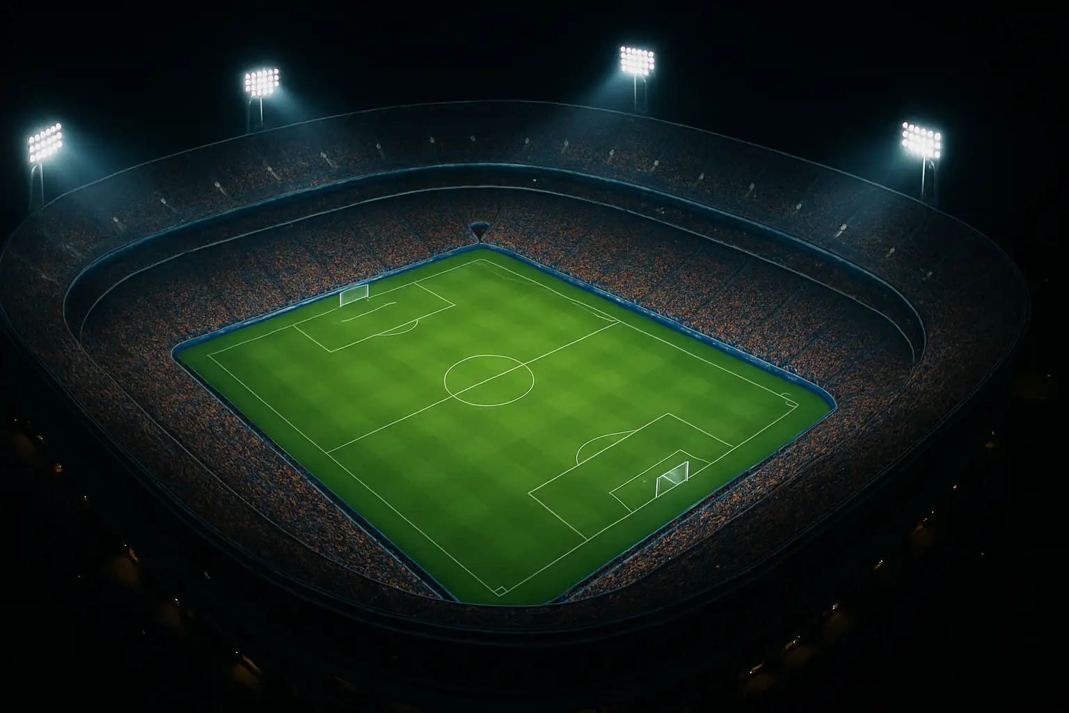 A football stadium filled with fans under bright floodlights at night