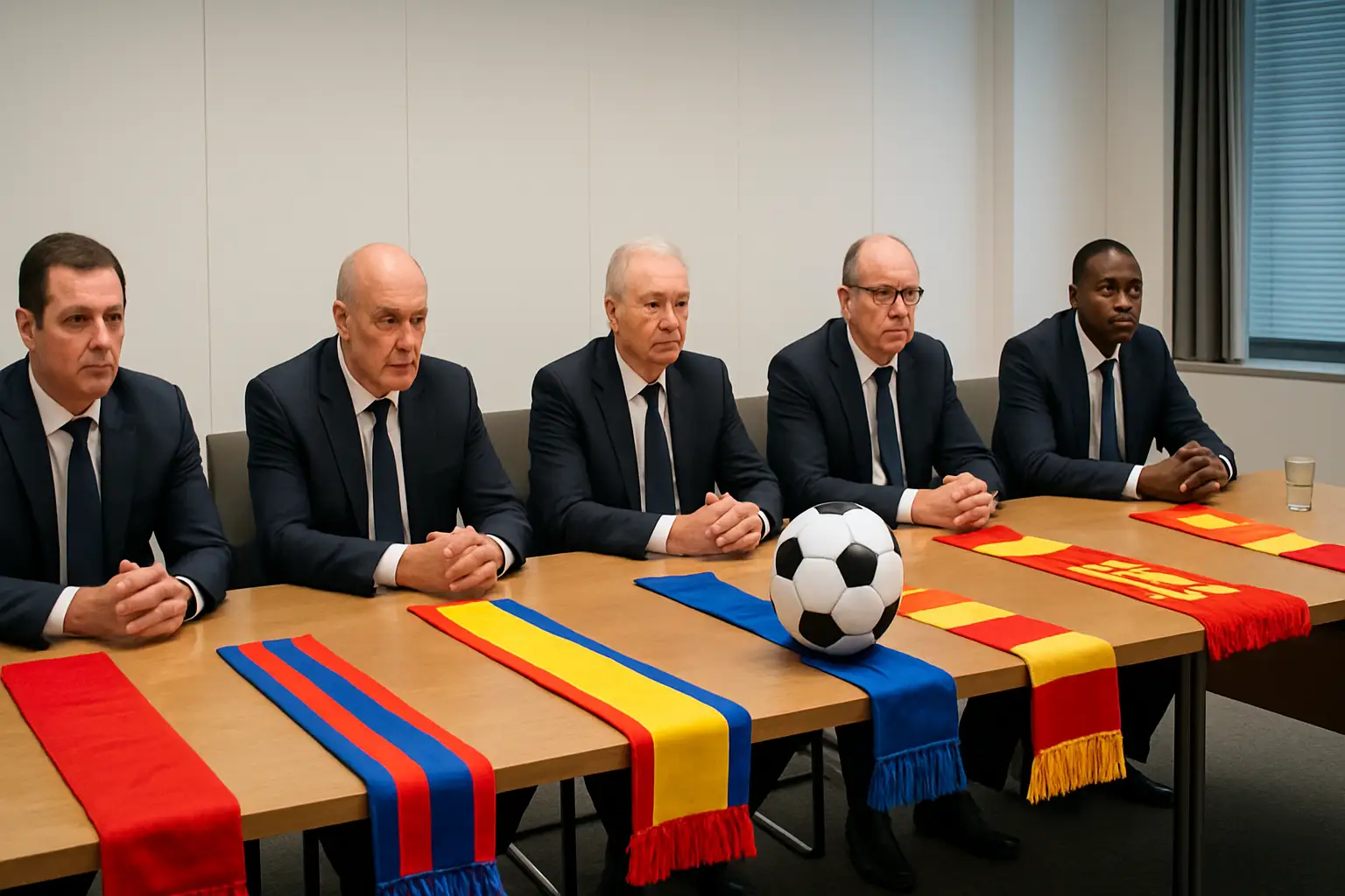 Football officials reviewing documents at a FIFA hearing table with national flags in the background
