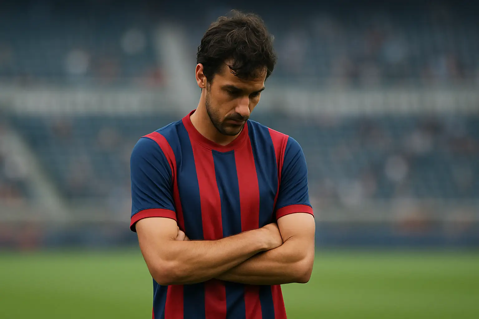 A footballer in a red and blue kit looking frustrated on the pitch during a Premier League match