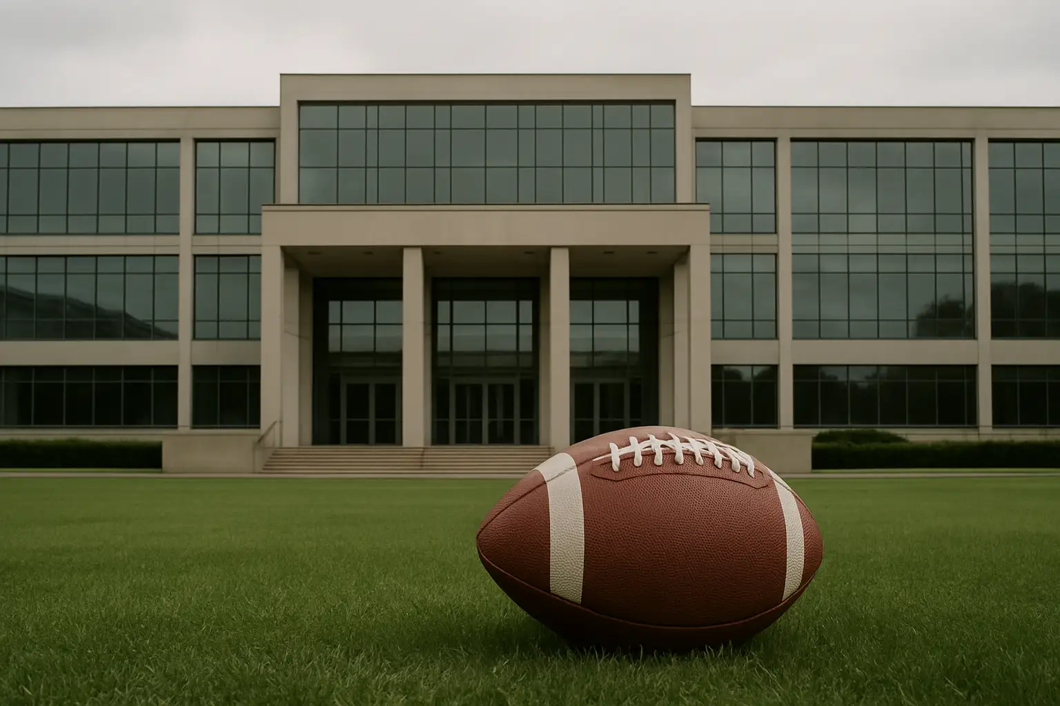 FIFA headquarters building exterior with football on a grass field in the foreground