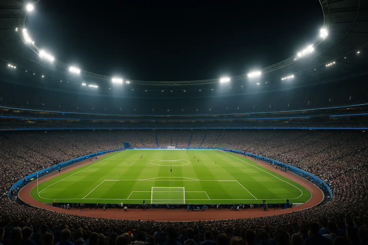 A football stadium filled with fans under bright floodlights, symbolising the commercial scale of the FIFA World Cup