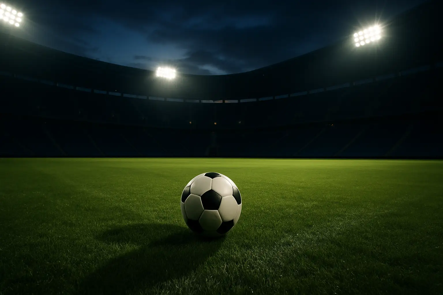 A football on a grass pitch with stadium lights in the background representing FIFA World Cup commercial decisions