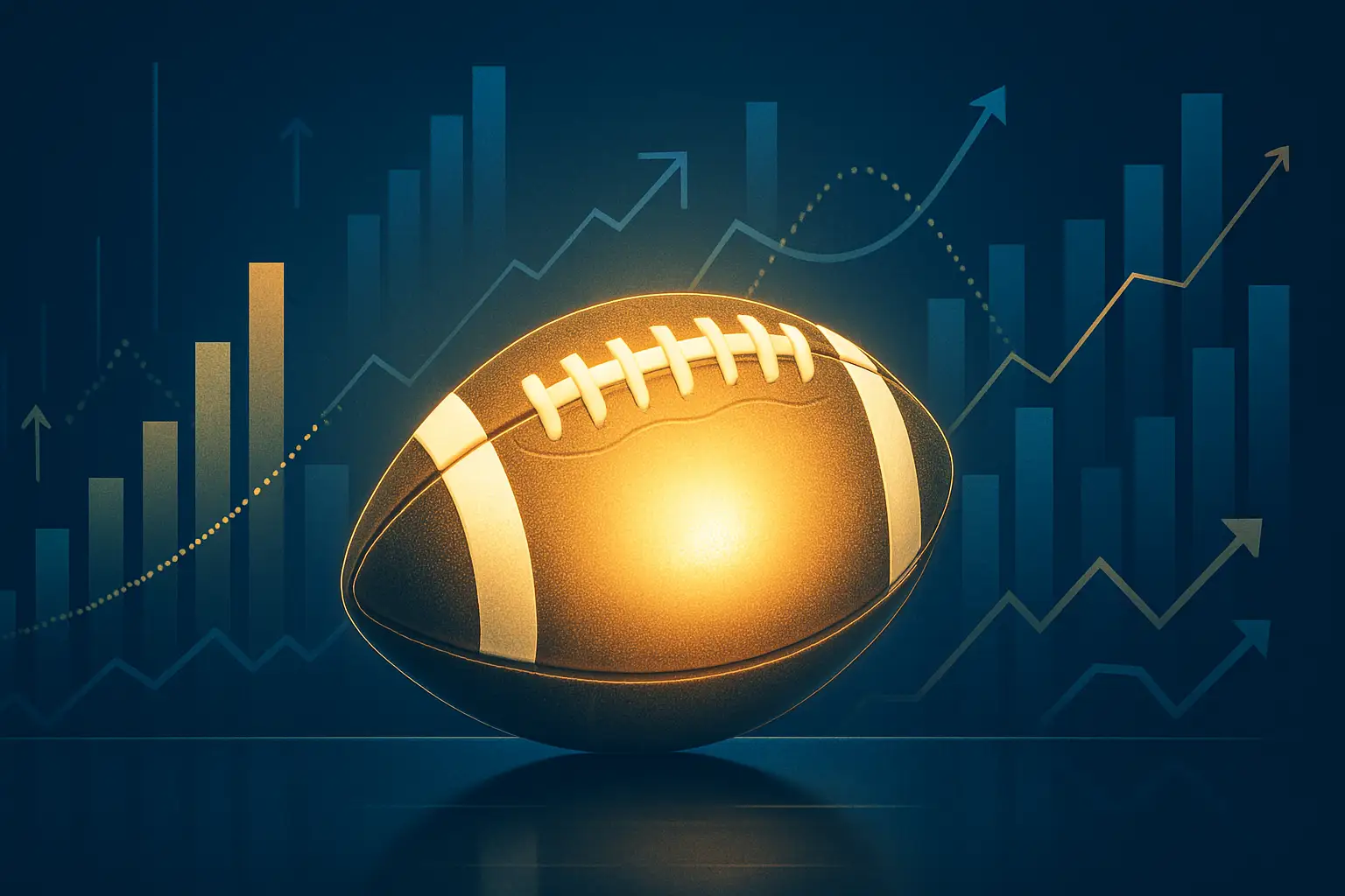 Abstract illustration of a football globe surrounded by financial investment symbols and currency flows