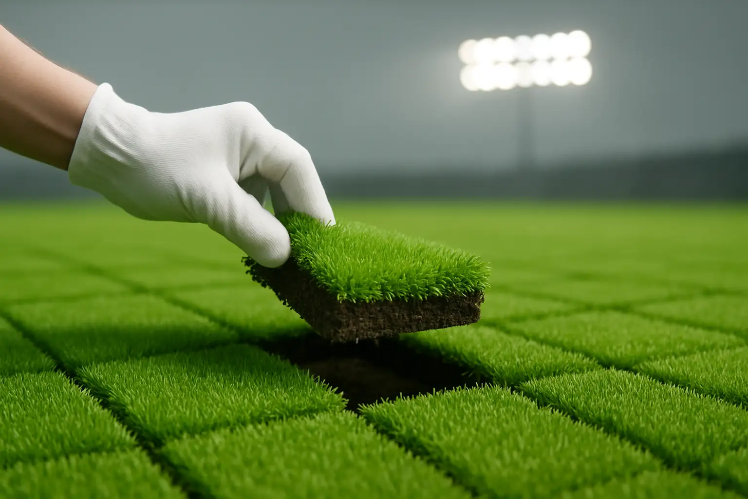 Close-up of green football pitch turf being cut into sections for sale