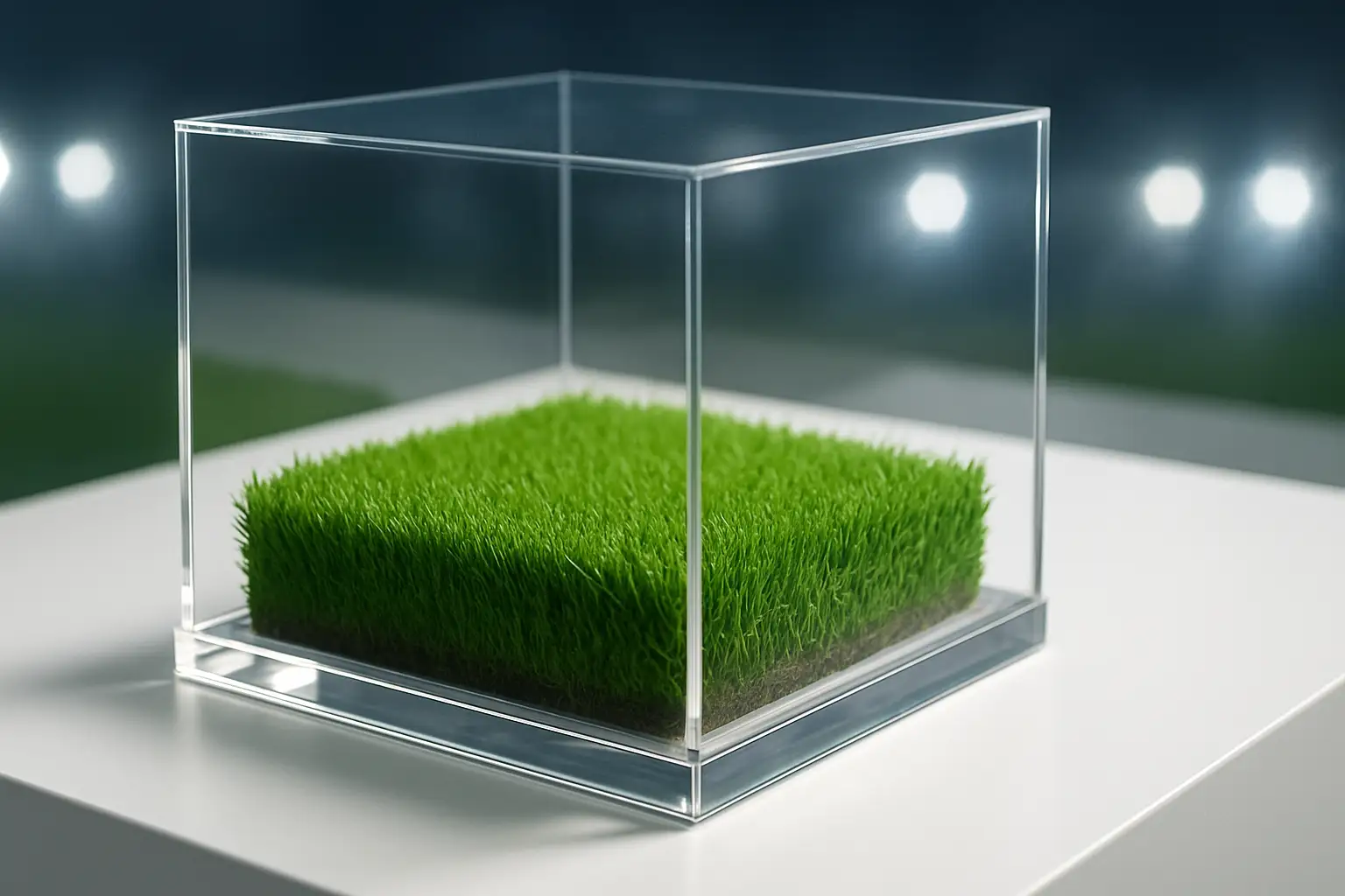 Close-up of a small square of football pitch grass being carefully cut and packaged as a collectible item