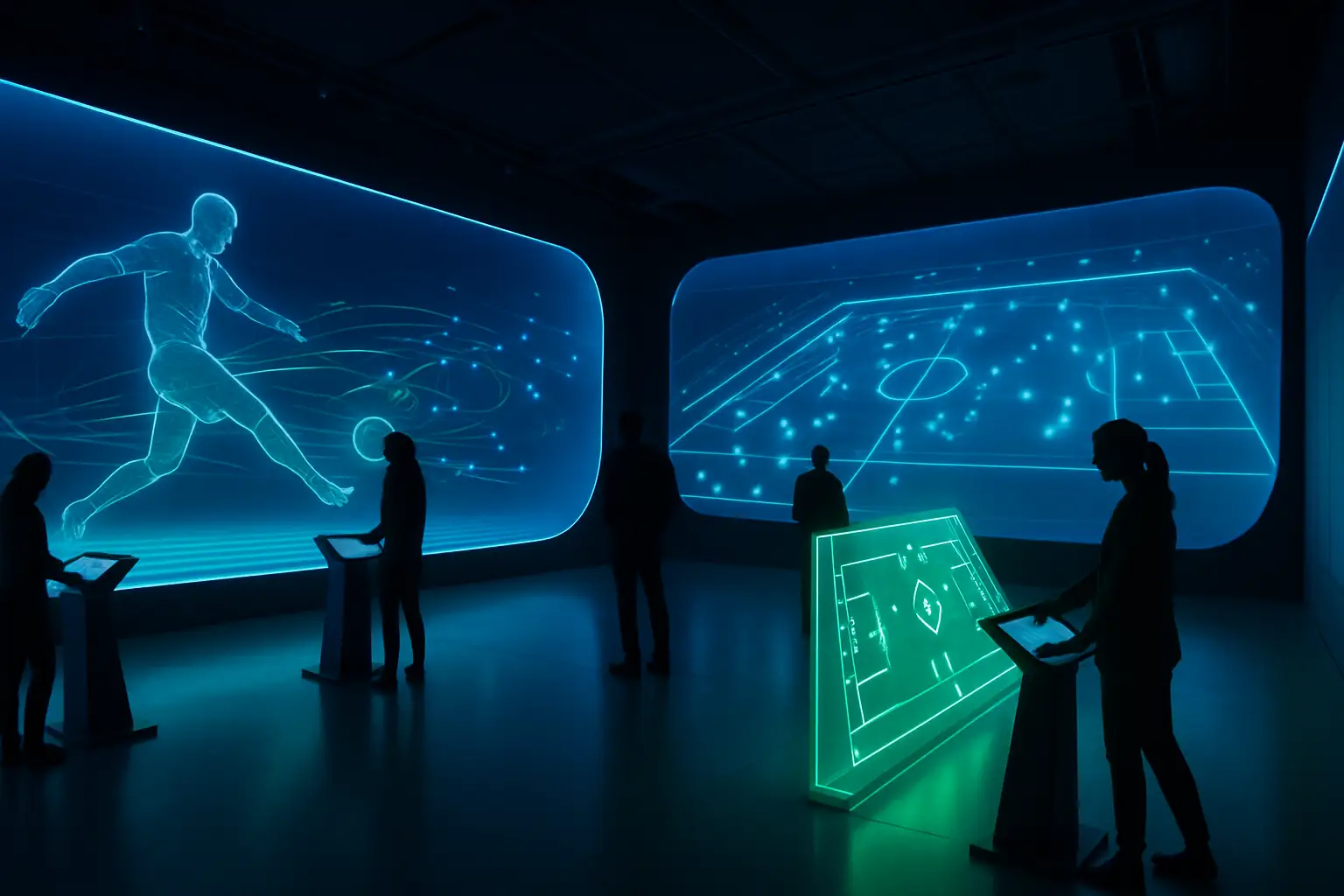 Visitors exploring an immersive football and technology exhibit with glowing interactive displays