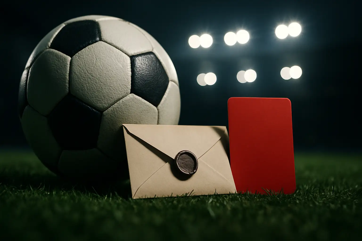 A football stadium pitch with official FIFA disciplinary paperwork and a football resting on the grass