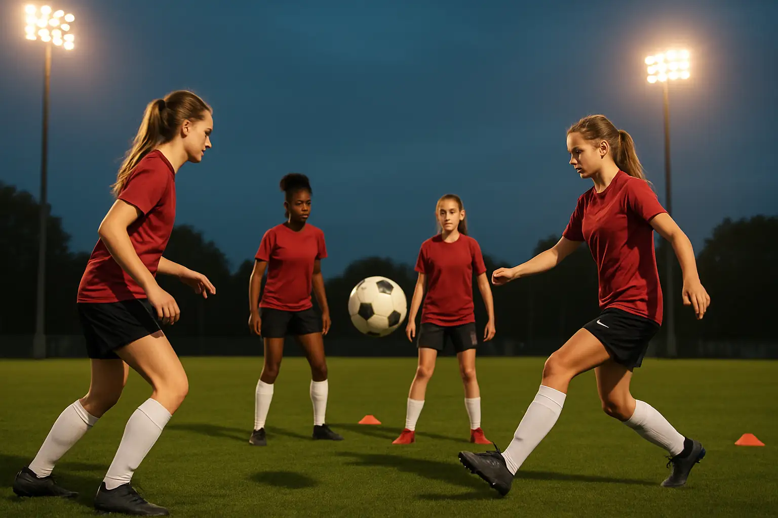Young women footballers training on a pitch in preparation for an international tournament