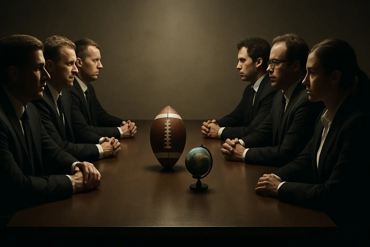 Football officials in suits facing each other across a table with a globe and football in the center