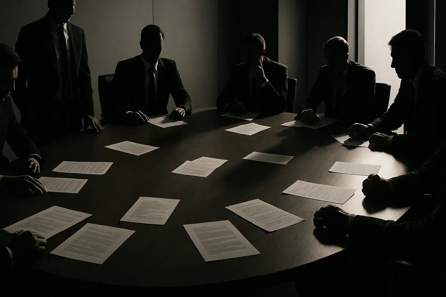 Football officials in a tense meeting inside a formal conference room