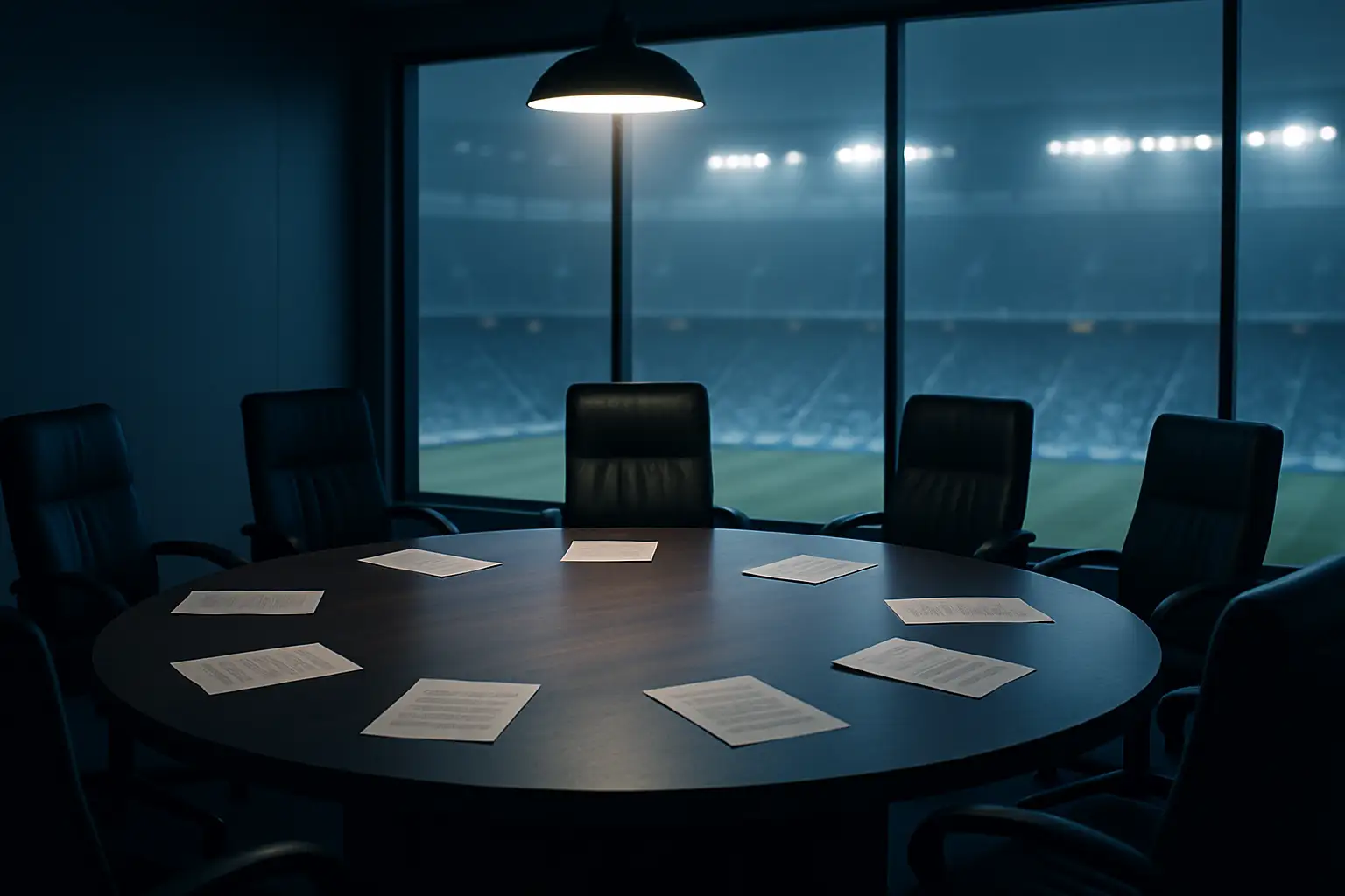 A football stadium with governance and leadership themes in a dramatic editorial illustration
