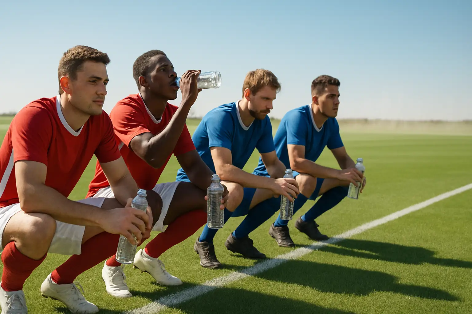 Players taking a cooling break on a sun-drenched football pitch during a summer match