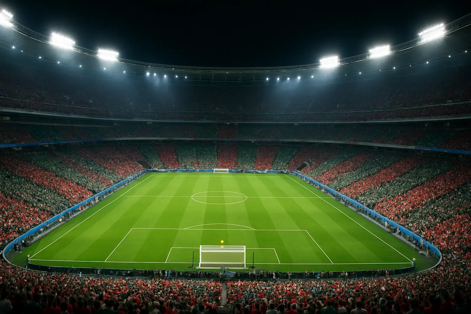 A packed football stadium at night with colorful fan sections during a World Cup match