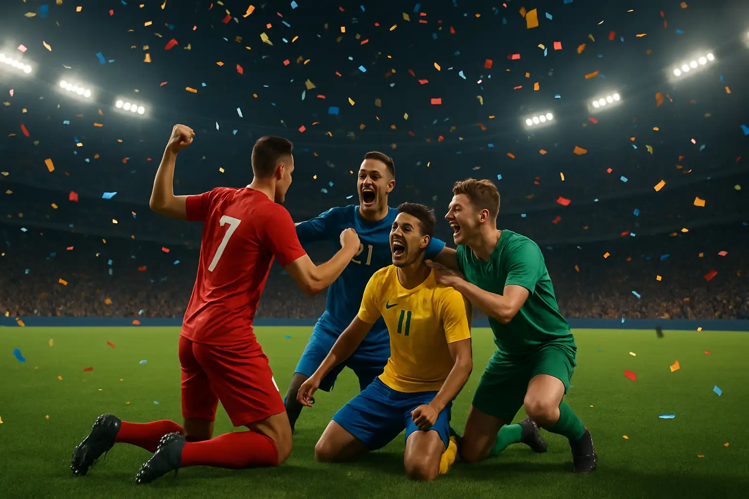 Soccer players celebrating a goal on a floodlit World Cup stadium pitch